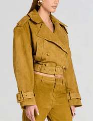 Side view of Retrofête Rubee Cropped Suede Trench Coat in Ochre