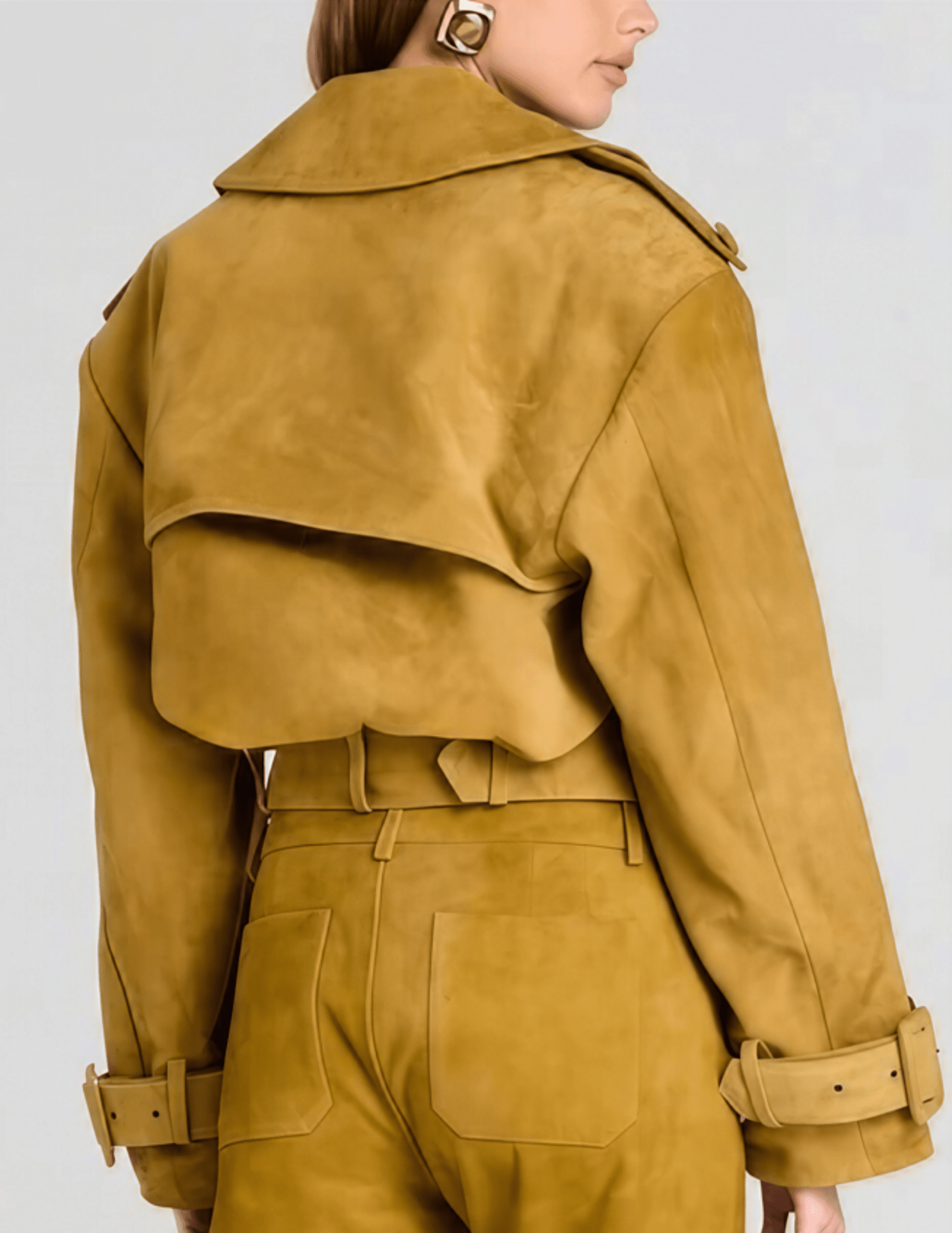 VBack view of Retrofête Rubee Cropped Suede Trench Coat in Ochre