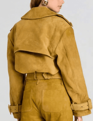 VBack view of Retrofête Rubee Cropped Suede Trench Coat in Ochre
