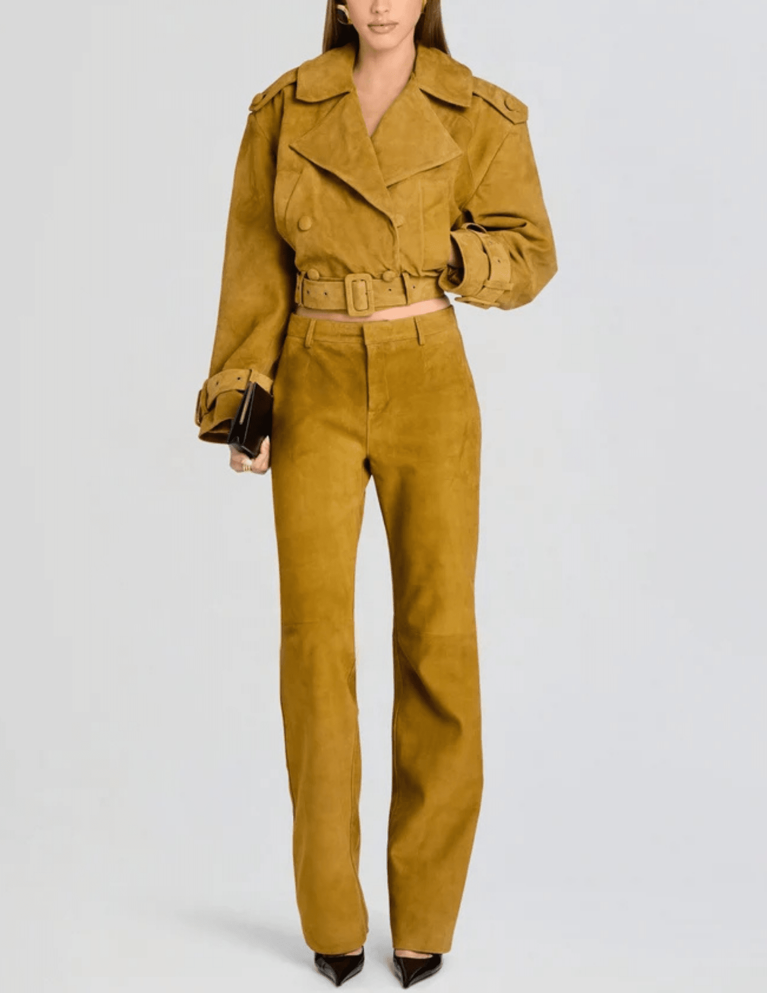 Full body view of Retrofête Rubee Cropped Suede Trench Coat in Ochre
