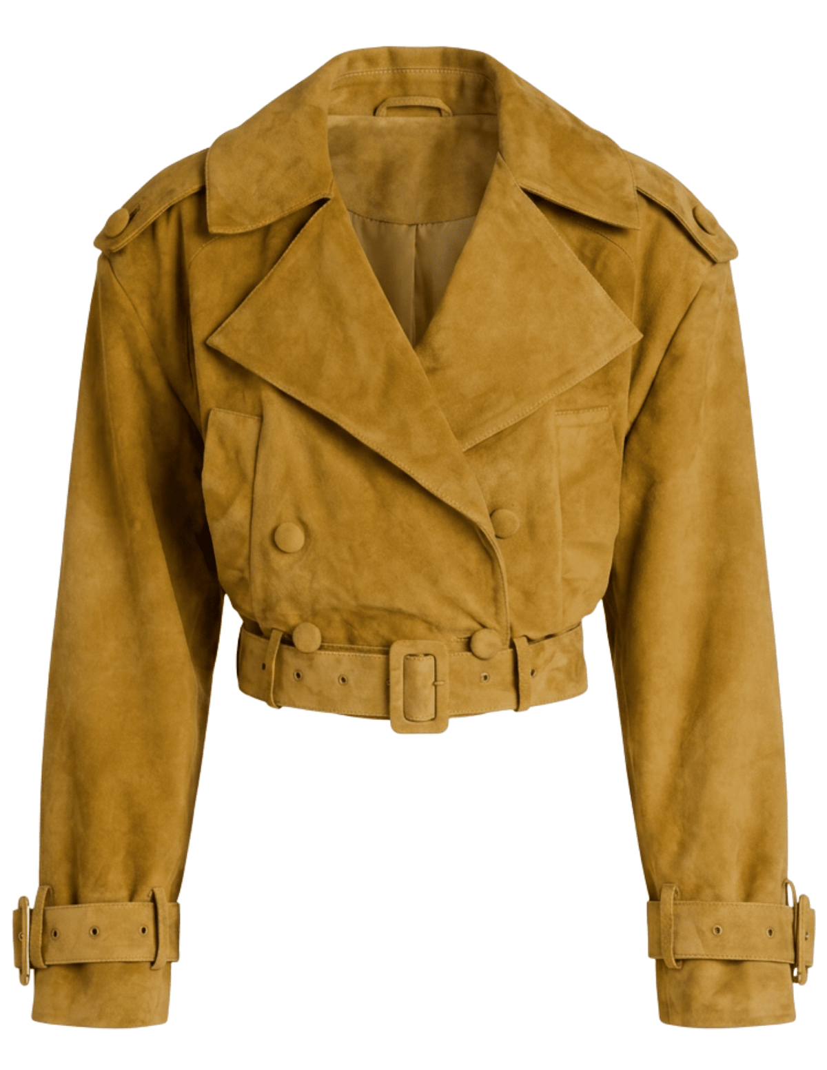Retrofête Rubee Cropped Suede Trench Coat in Ochre