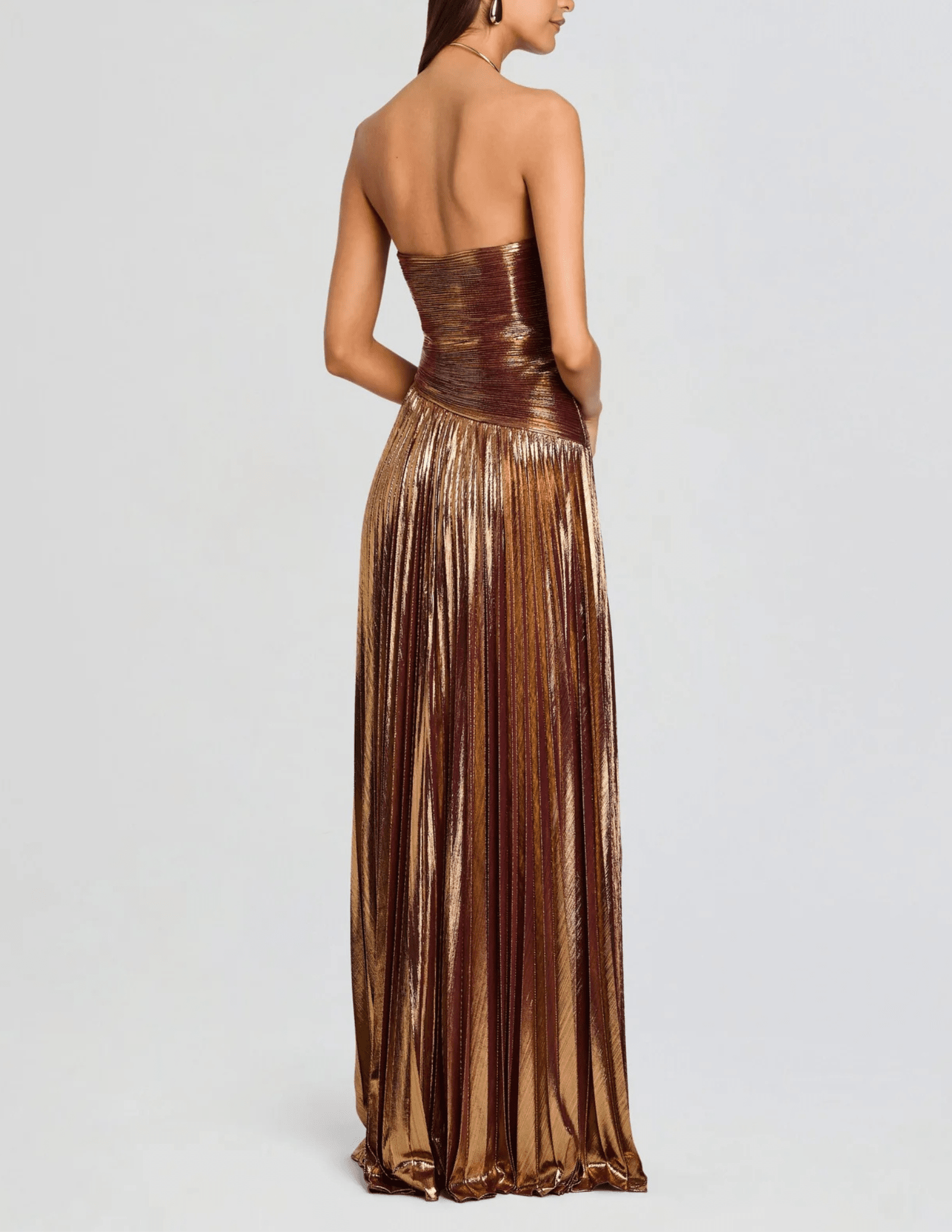 Back view of Retrofête Saba Strapless Gown in Golden Port