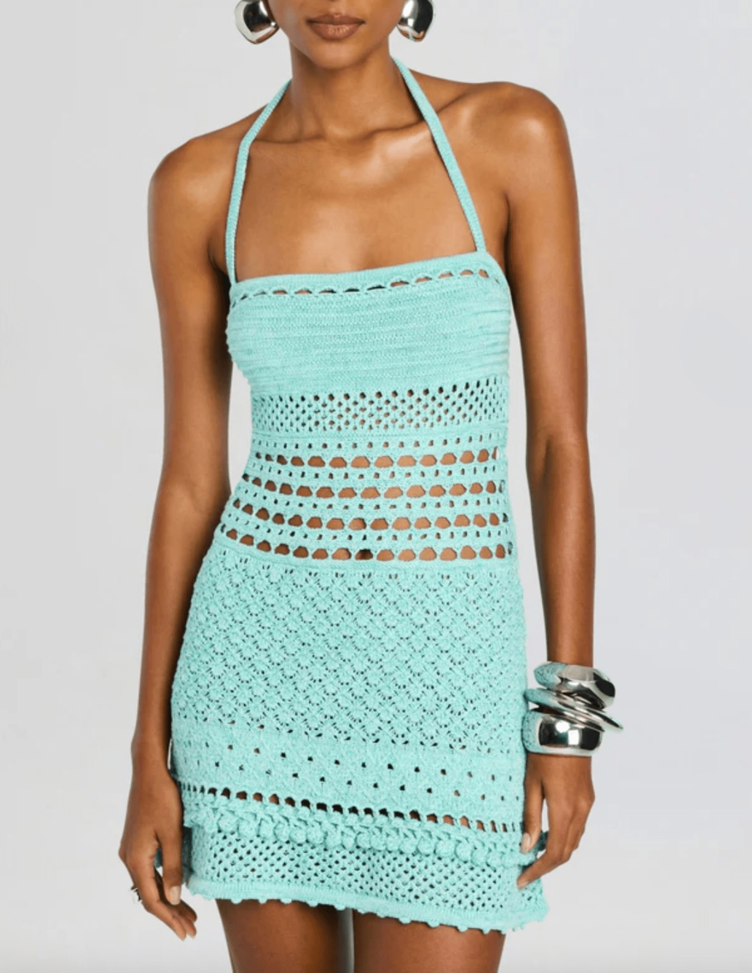 Retrofête Saffy crochet mini dress in Metallic Seychelles with halter neckline