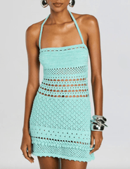 Retrofête Saffy crochet mini dress in Metallic Seychelles with halter neckline