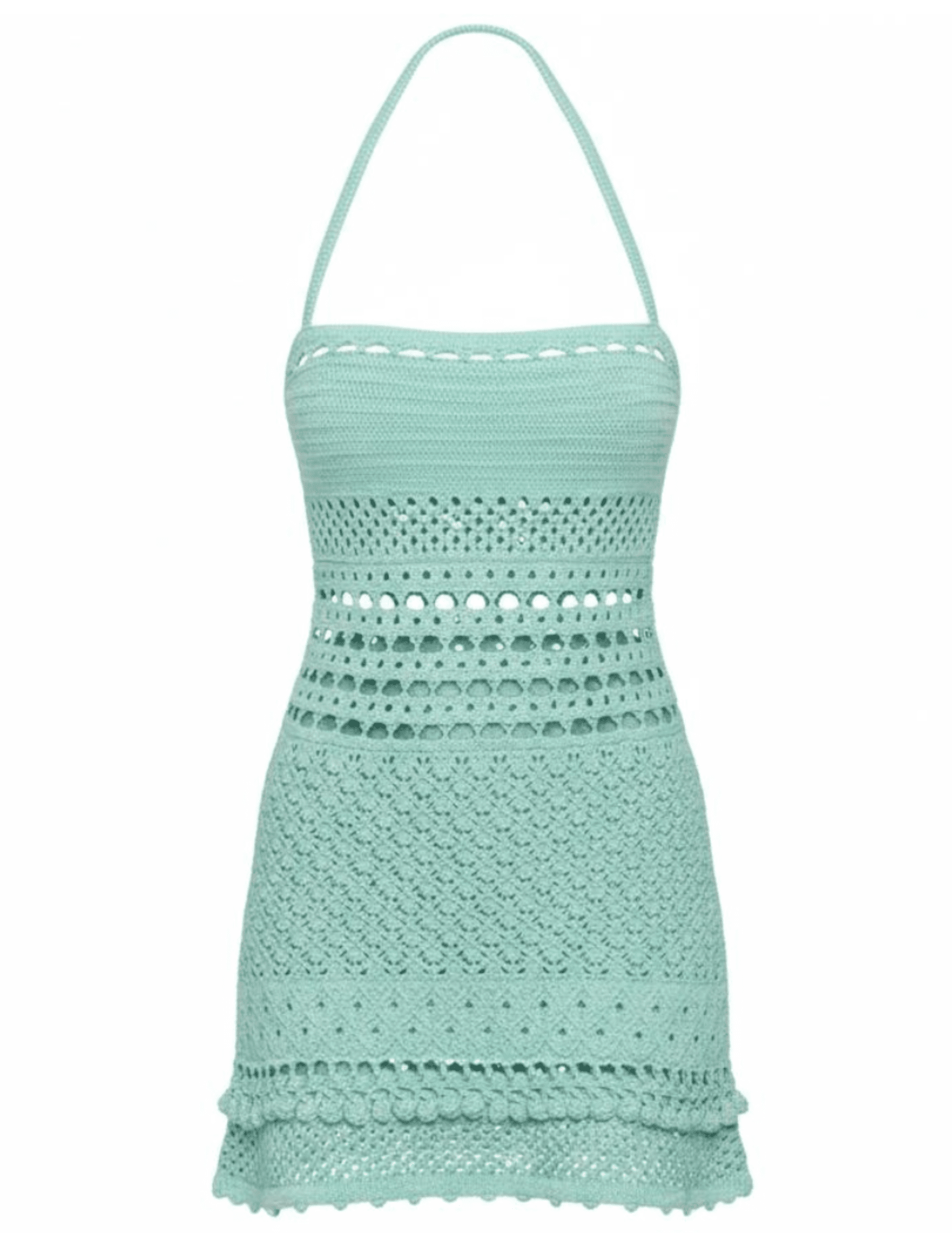 Retrofête Saffy crochet mini dress in Metallic Seychelles with halter neckline