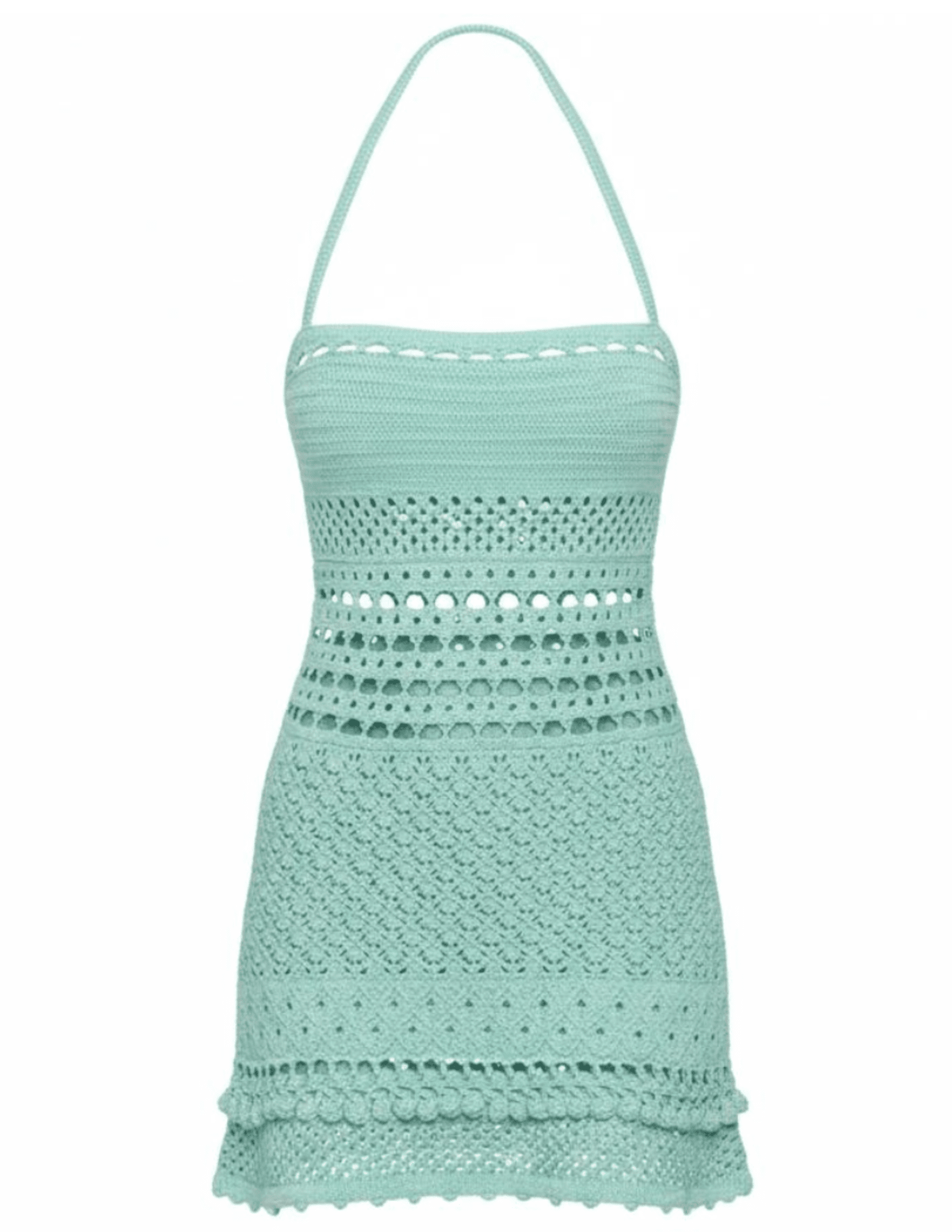 Retrofête Saffy crochet mini dress in Metallic Seychelles with halter neckline