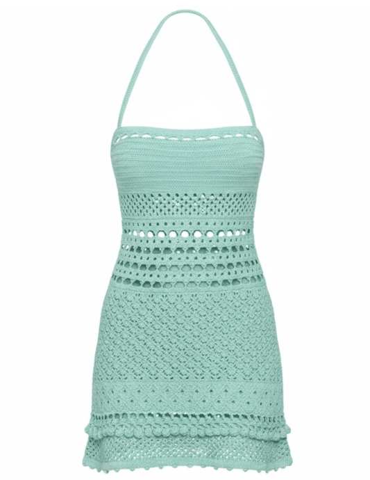 Retrofête Saffy crochet mini dress in Metallic Seychelles with halter neckline