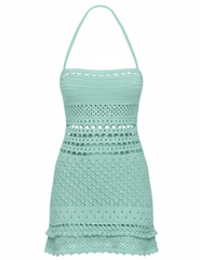 Retrofête Saffy crochet mini dress in Metallic Seychelles with halter neckline