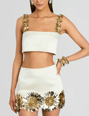 Front view of Retrofête Sinead bandeau top with structured satin fit