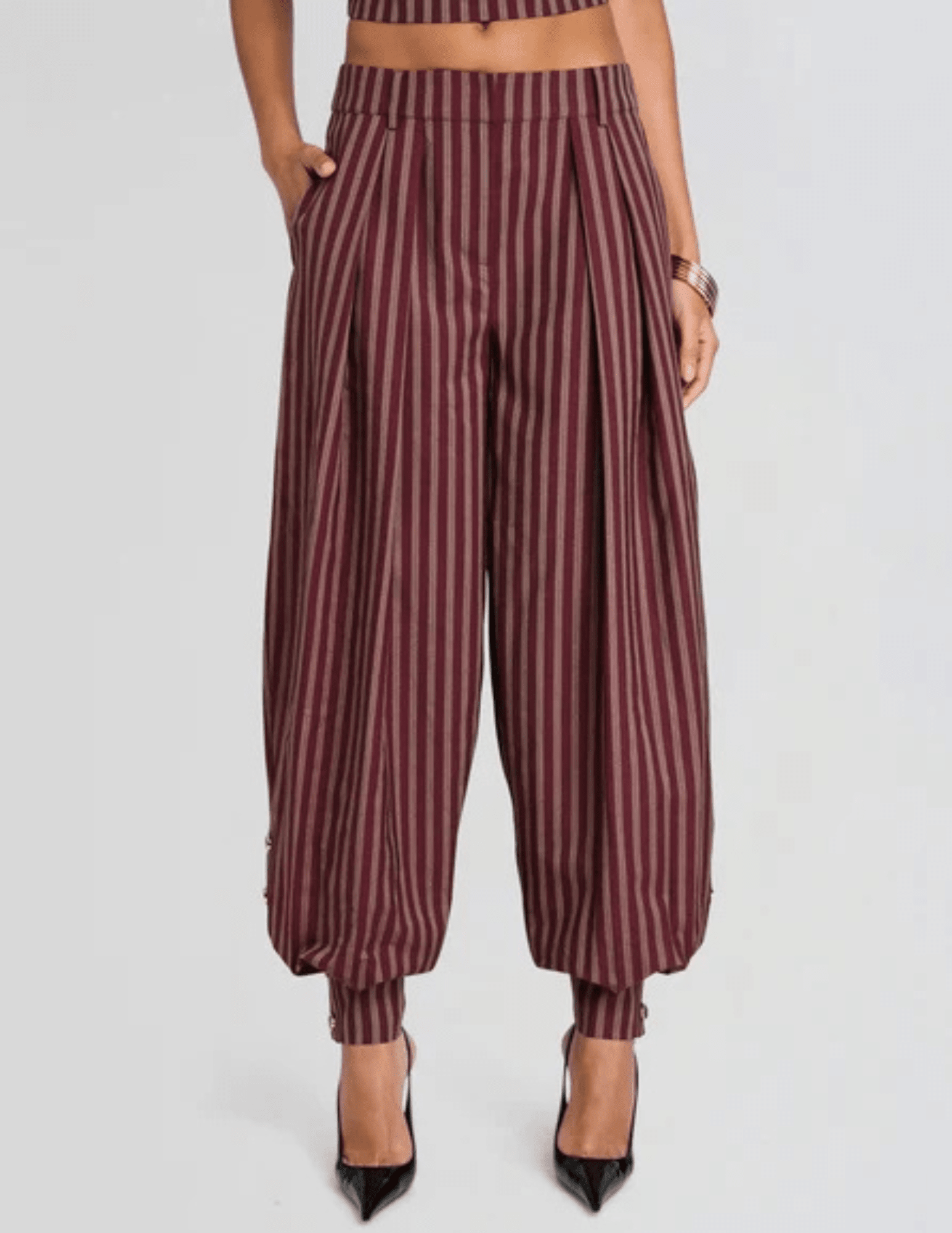 Front view of Retrofête Velora Balloon Pant in Cigar Pinstripe