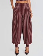 Front view of Retrofête Velora Balloon Pant in Cigar Pinstripe