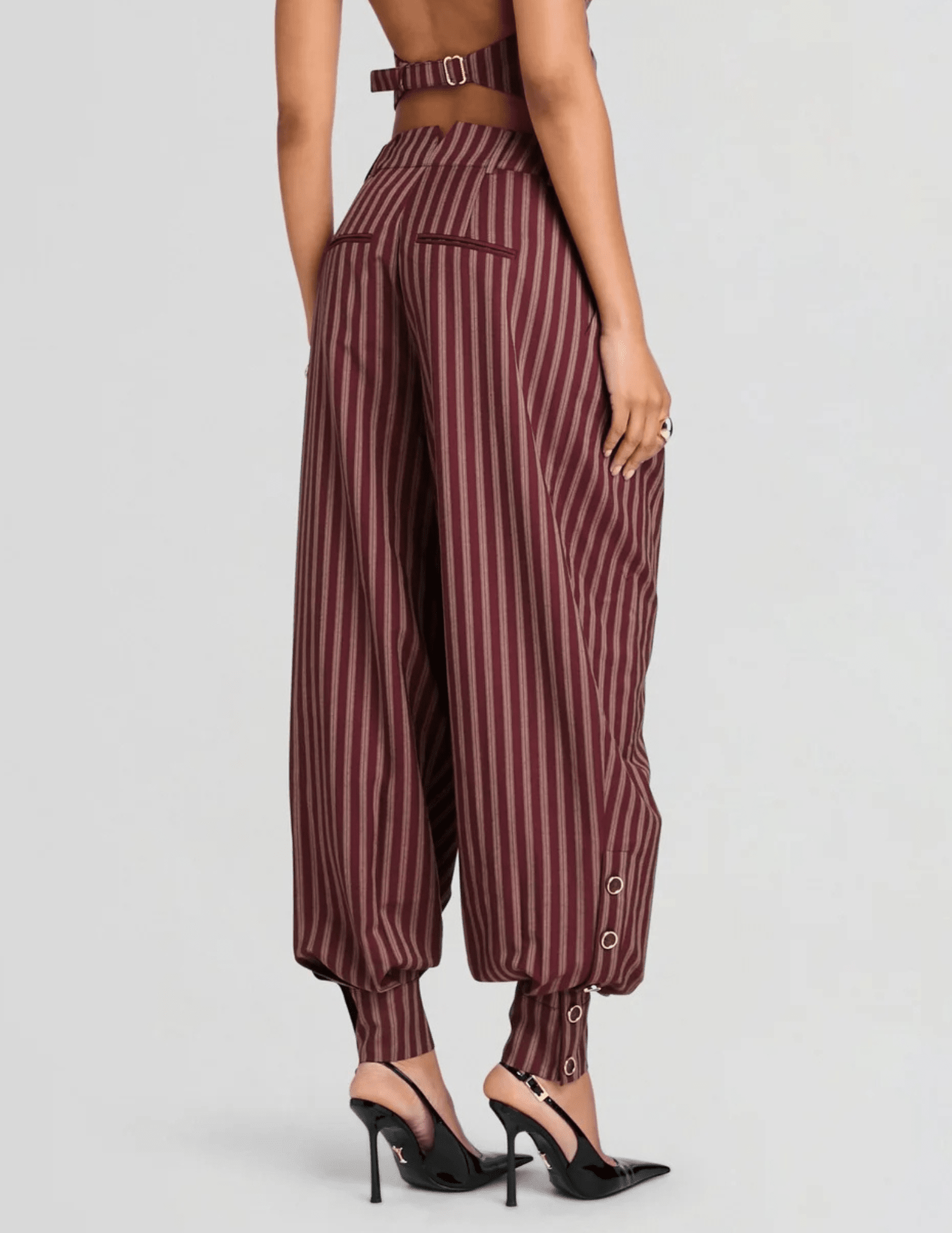 Back view of Retrofête Velora Balloon Pant in Cigar Pinstripe
