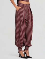 Side view of Retrofête Velora Balloon Pant in Cigar Pinstripe