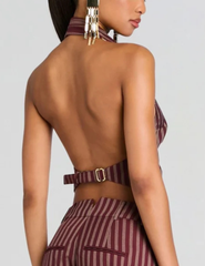 Back buckle on Retrofête Velora Halter Top in Cigar Pinstripe