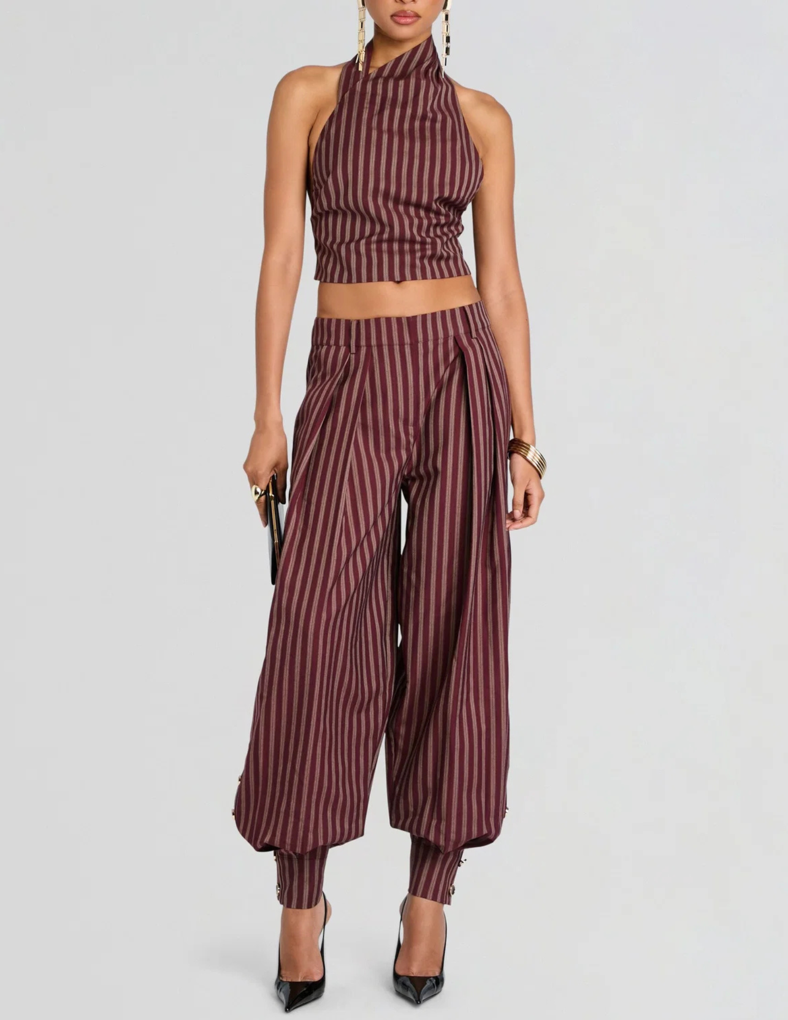 Retrofête Velora Halter Top in Cigar Pinstripe with matching pant