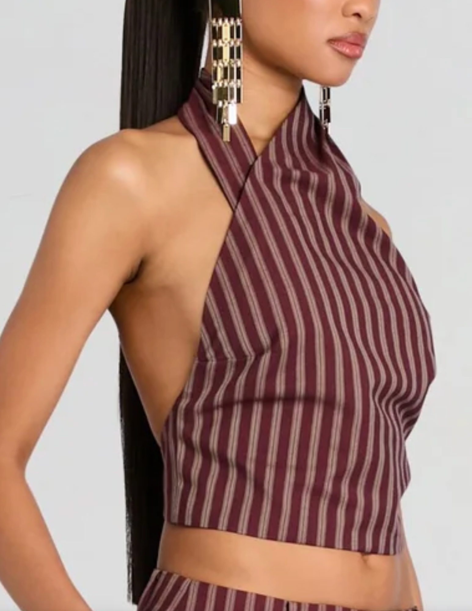 Side view of Retrofête Velora Halter Top in Cigar Pinstripe