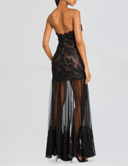 Back view of Retrofête Vespera Lace Maxi Dress in Black,