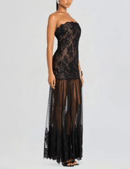 Side view of Retrofête Vespera Lace Maxi Dress in Black,