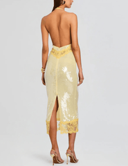Retrofête Vicky sequin halter dress in yellow yuzu back view