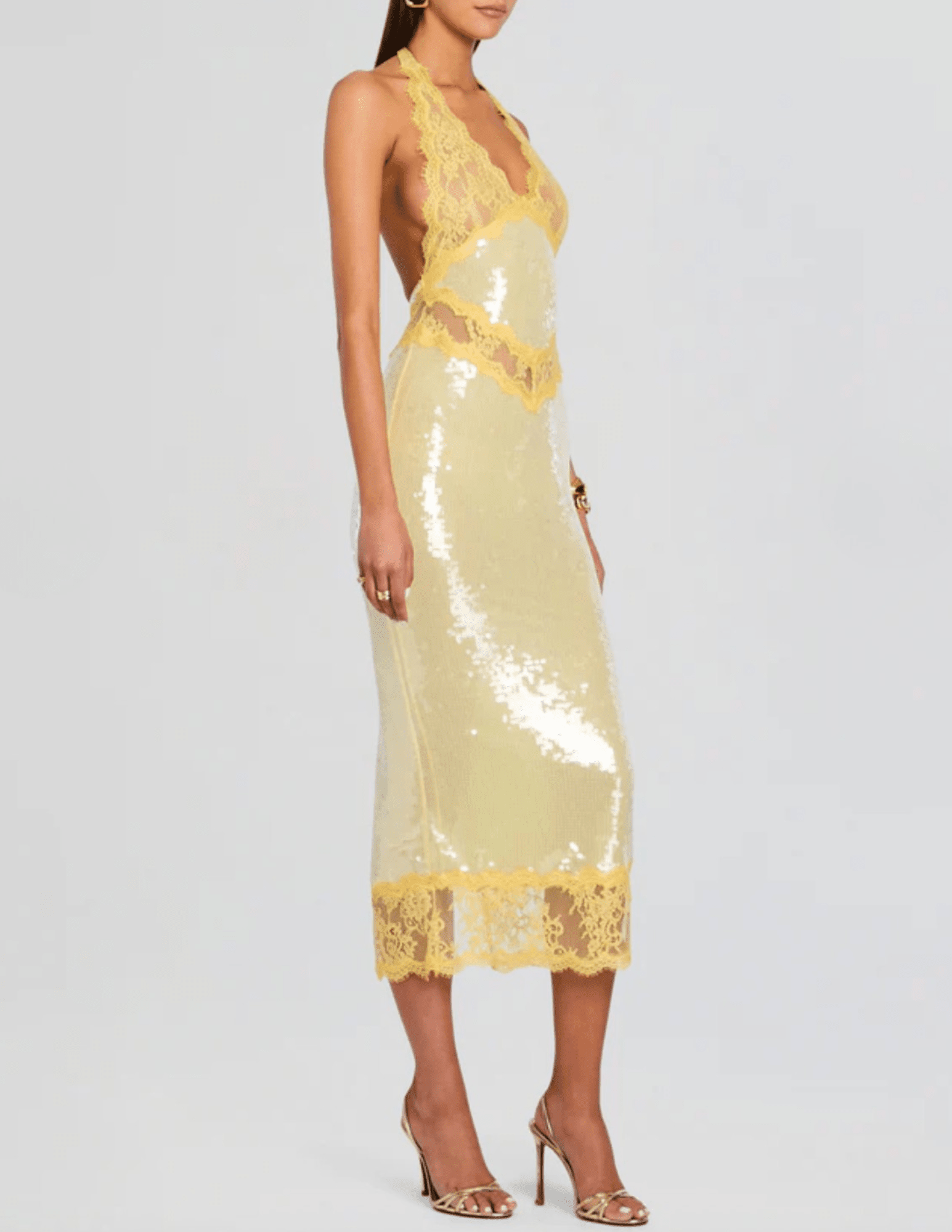 Retrofête Vicky sequin halter dress in yellow yuzu side view