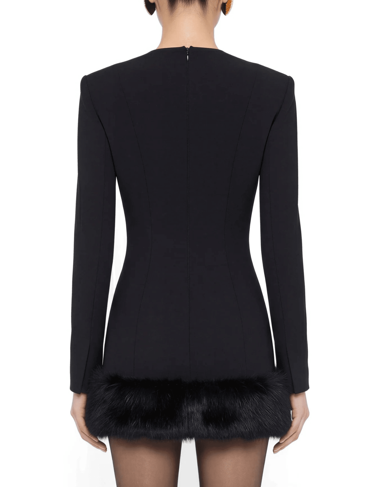 Back view of Ronny Kobo Aivy Mini Dress showing fitted silhouette and black faux fur trim