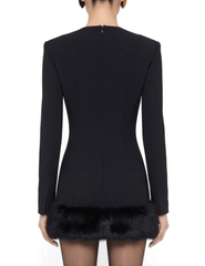 Back view of Ronny Kobo Aivy Mini Dress showing fitted silhouette and black faux fur trim