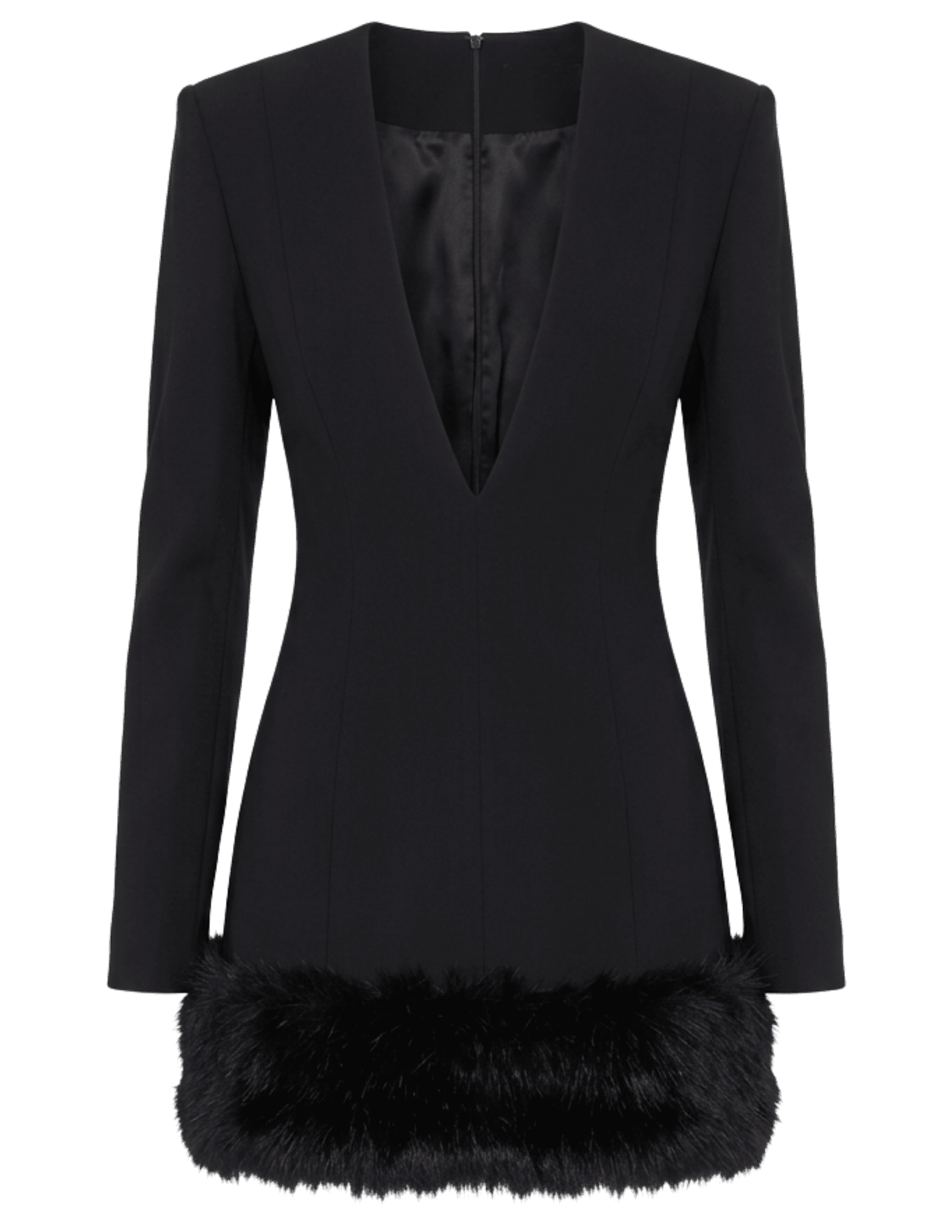 Ronny Kobo Aivy Mini Dress in Black featuring plunging V-neckline, long sleeves, and faux fur hem trim