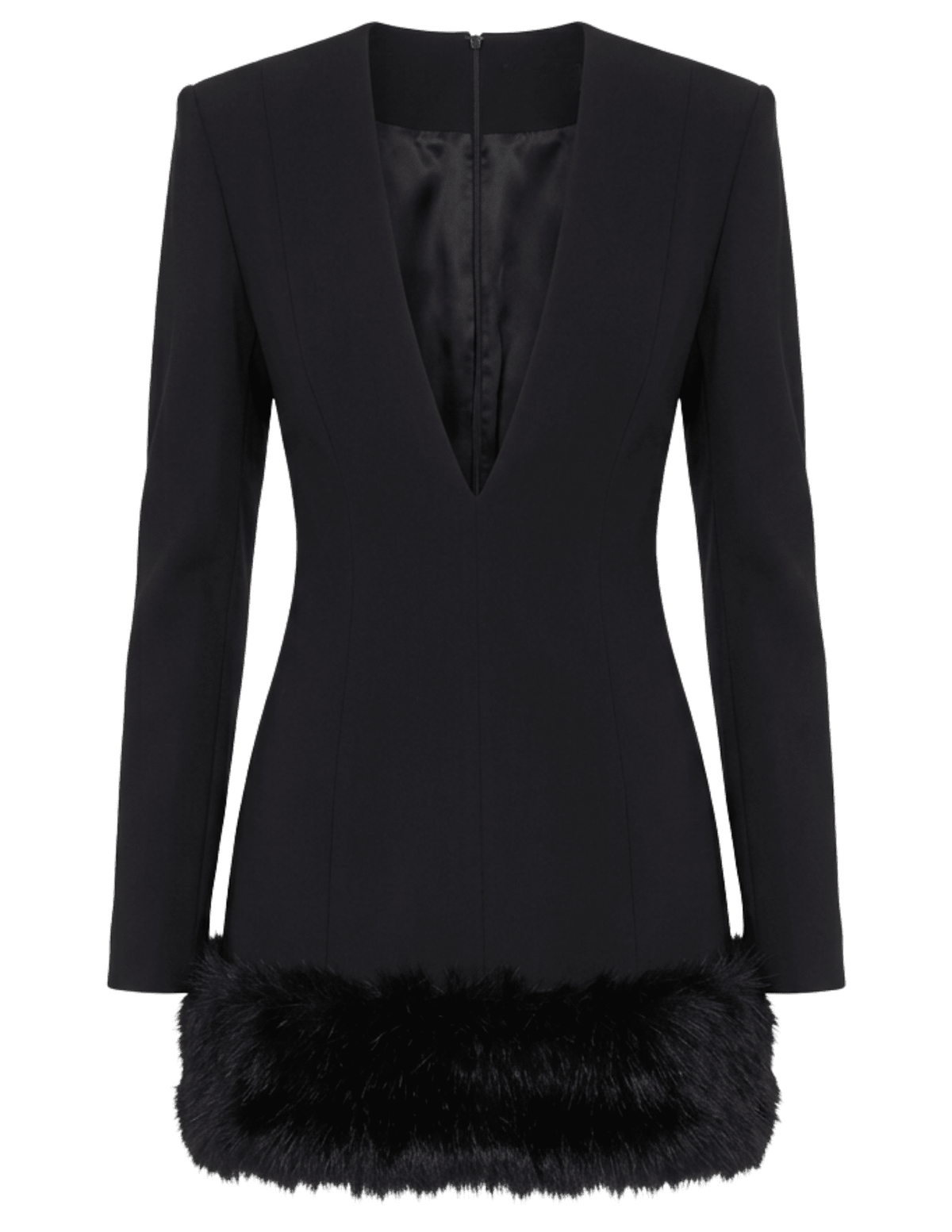 Ronny Kobo Aivy Mini Dress in Black featuring plunging V-neckline, long sleeves, and faux fur hem trim