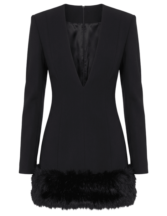 Ronny Kobo Aivy Mini Dress in Black featuring plunging V-neckline, long sleeves, and faux fur hem trim