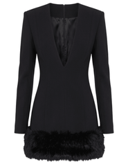 Ronny Kobo Aivy Mini Dress in Black featuring plunging V-neckline, long sleeves, and faux fur hem trim