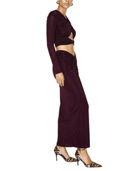 Ronny Kobo Bebe Crop Top in Truffle paired with a coordinating maxi skirt for an elegant evening look.