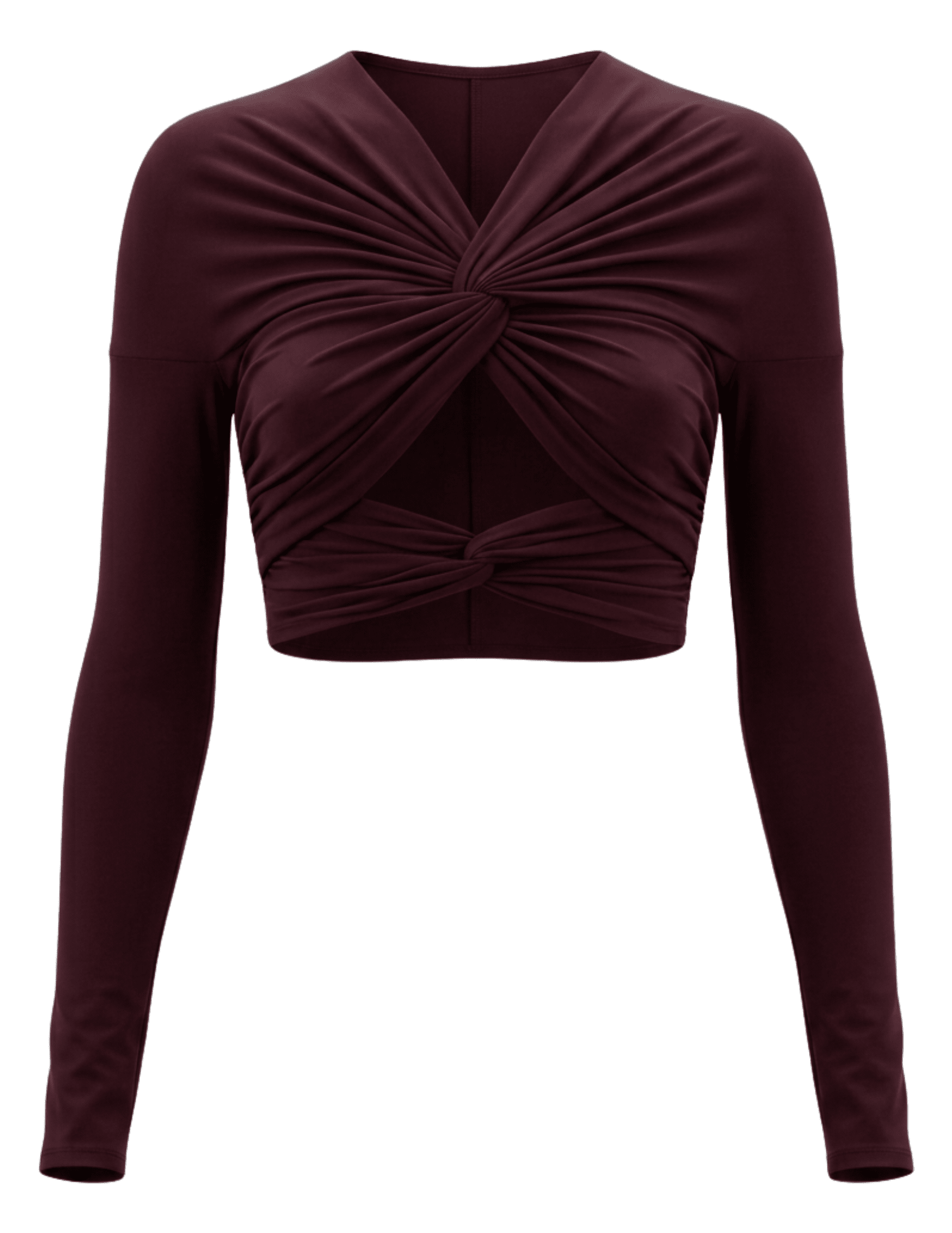 Ronny Kobo Bebe Crop Top in Truffle featuring a twist-front design, long sleeves and midriff cutout.