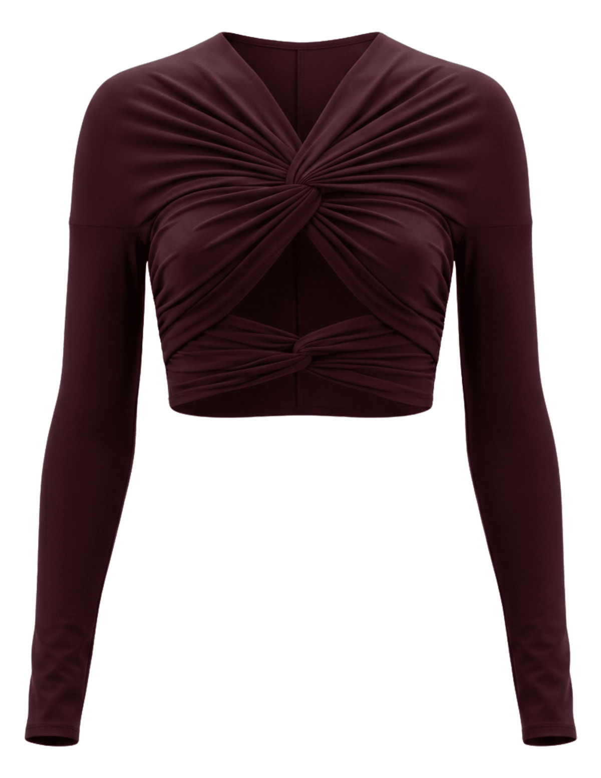 Ronny Kobo Bebe Crop Top in Truffle featuring a twist-front design, long sleeves and midriff cutout.