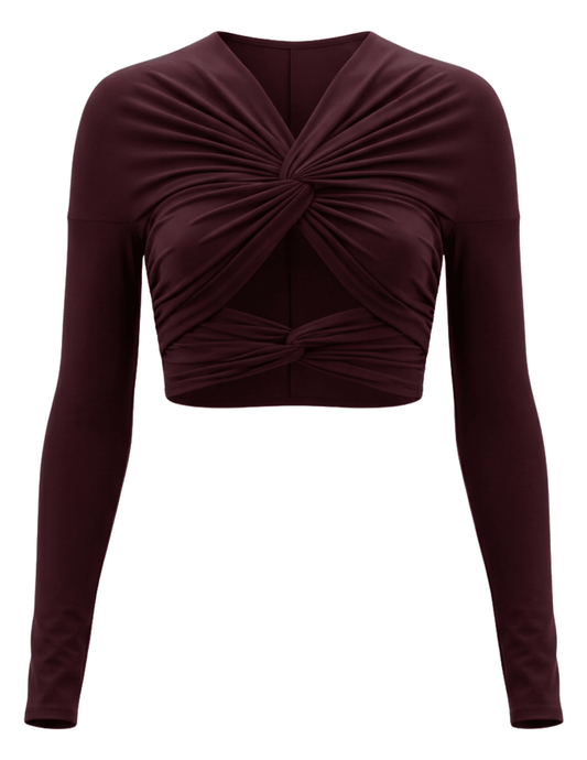Ronny Kobo Bebe Crop Top in Truffle featuring a twist-front design, long sleeves and midriff cutout.