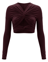 Ronny Kobo Bebe Crop Top in Truffle featuring a twist-front design, long sleeves and midriff cutout.