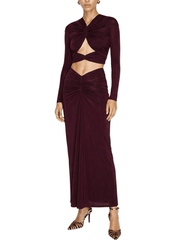 Front view of Ronny Kobo Brogan ruched midi skirt in Truffle styled with the matching Bebe Crop Top.