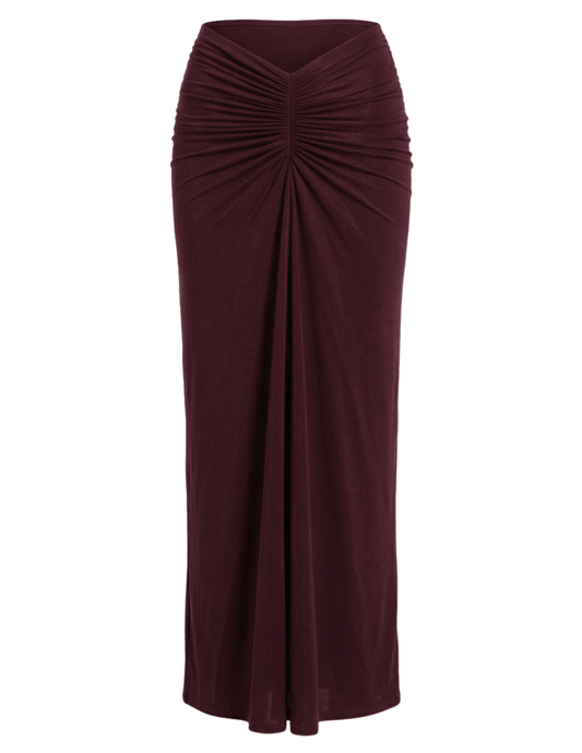 Ronny Kobo Brogan Midi Skirt in Truffle featuring a high-rise V-front waist and elegant front ruching.