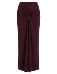 Ronny Kobo Brogan Midi Skirt in Truffle featuring a high-rise V-front waist and elegant front ruching.