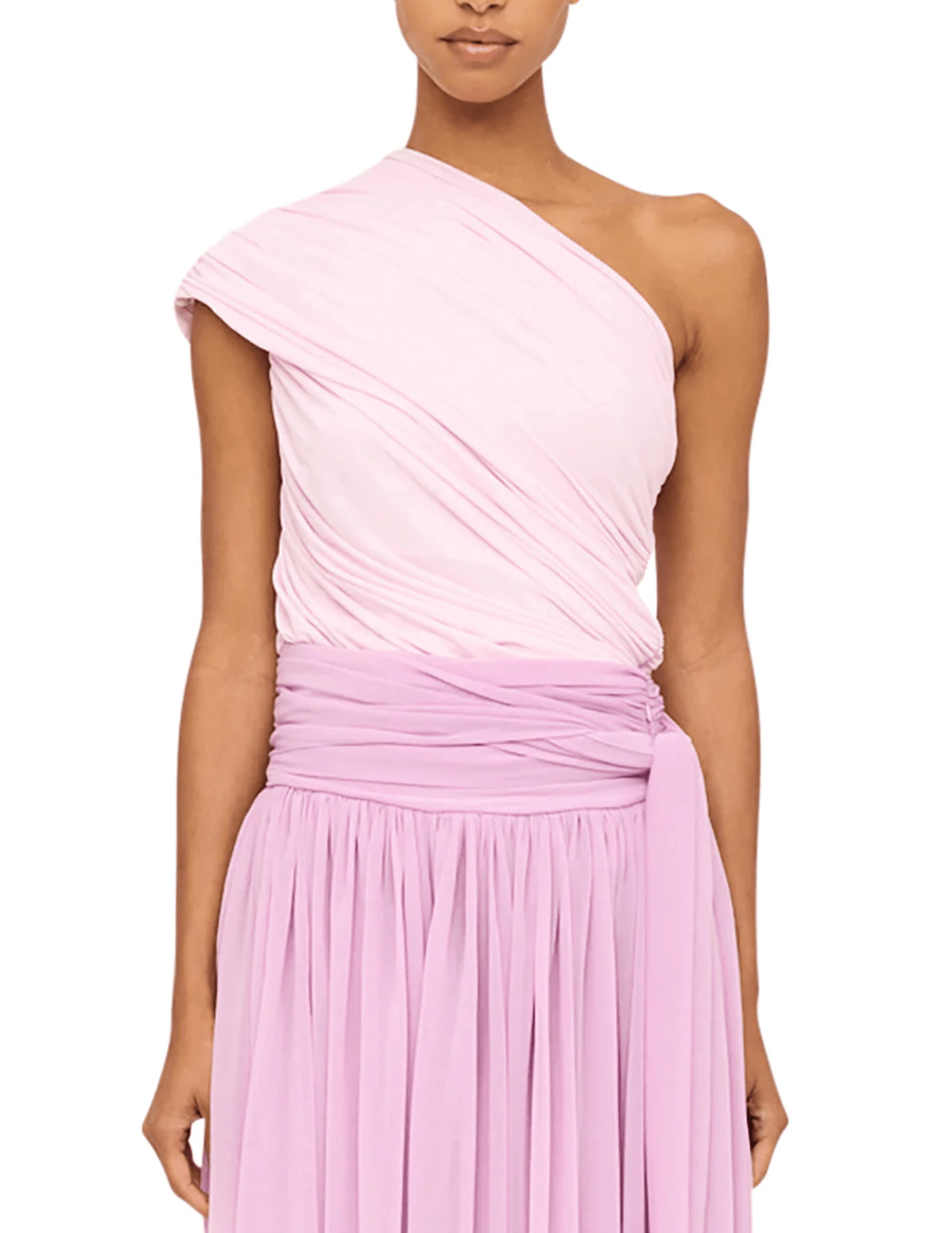 Front view of Ronny Kobo Camina one shoulder top in icy pink