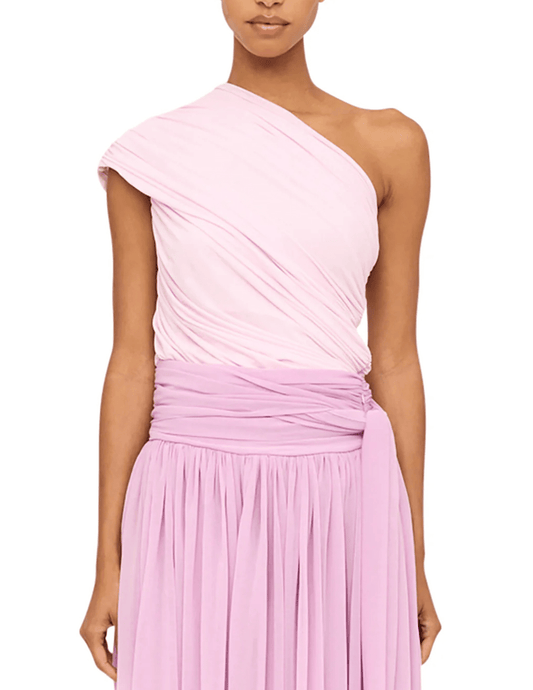 Front view of Ronny Kobo Camina one shoulder top in icy pink