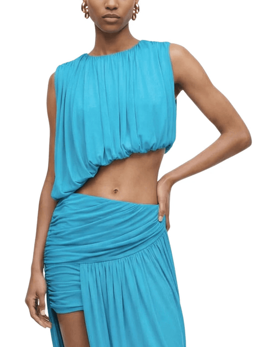 Ronny Kobo Chelly Draped Top in turquoise with asymmetrical hem front