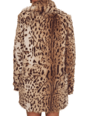 Back view of Ronny Kobo Declan Faux Fur Coat showing plush leopard print and relaxed fit
