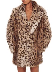 Model wearing Ronny Kobo Declan leopard-print faux fur coat with relaxed mid-thigh silhouette