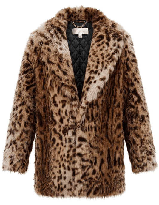 Ronny Kobo Declan Faux Fur Coat in Leopard featuring plush animal-print faux fur, wide lapels, and long sleeves