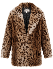 Ronny Kobo Declan Faux Fur Coat in Leopard featuring plush animal-print faux fur, wide lapels, and long sleeves