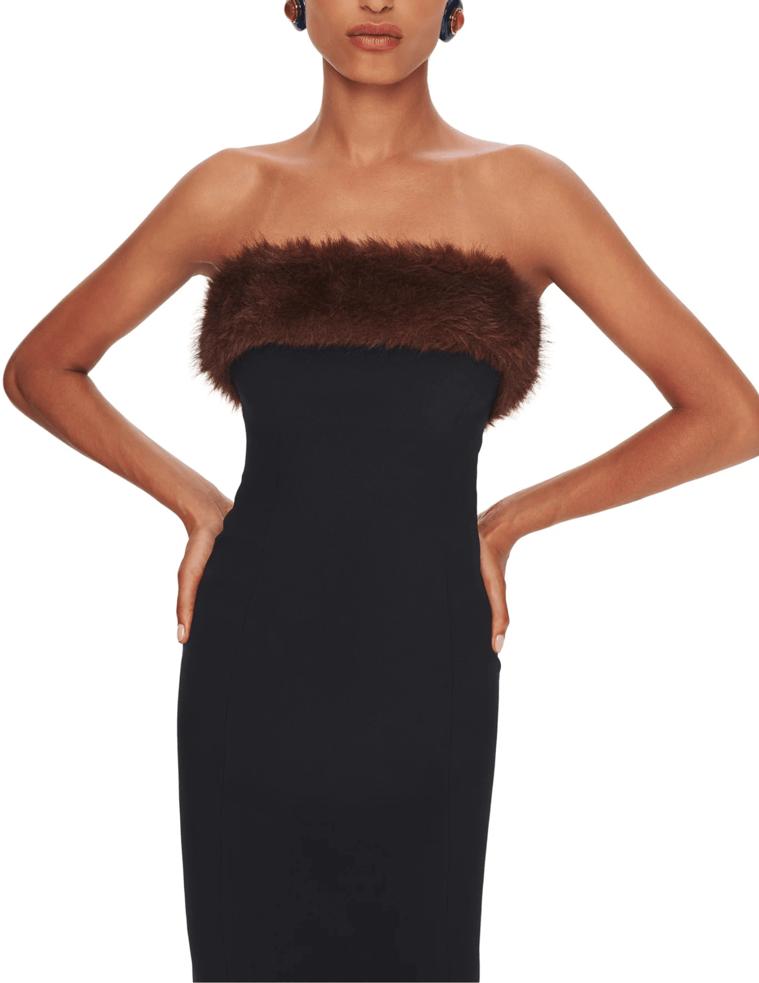 Close-up of Ronny Kobo Harli Strapless Midi Dress showcasing brown faux fur neckline and fitted black bodice