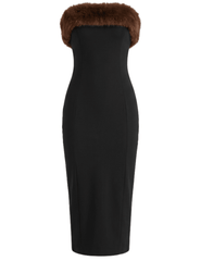 Ronny Kobo Harli Strapless Midi Dress in black featuring brown faux fur neckline and fitted stretch crepe silhouette