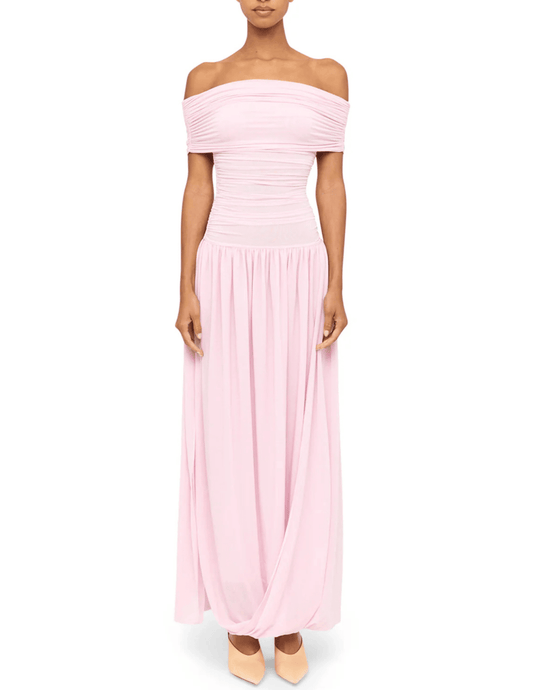 Front view of Ronny Kobo Irulan off shoulder maxi dress in icy pink