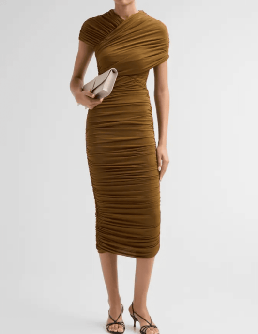 Front view of Ronny Kobo Janel Midi Dress in Tapenade with asymmetrical draping and cap sleeves.