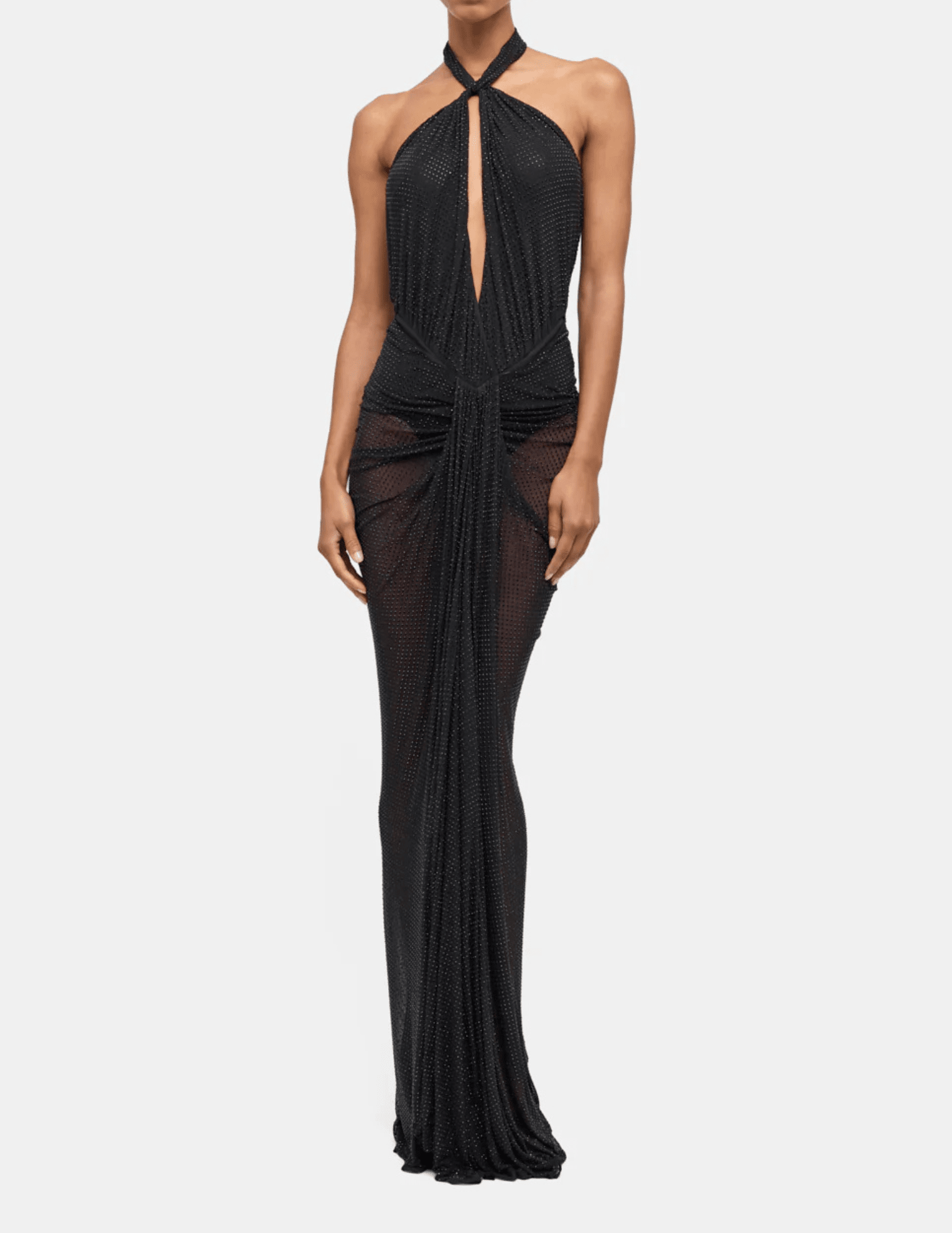 Ronny Kobo Katia Rhinestone Maxi Dress in Black with Halter Neck and Keyhole Detail